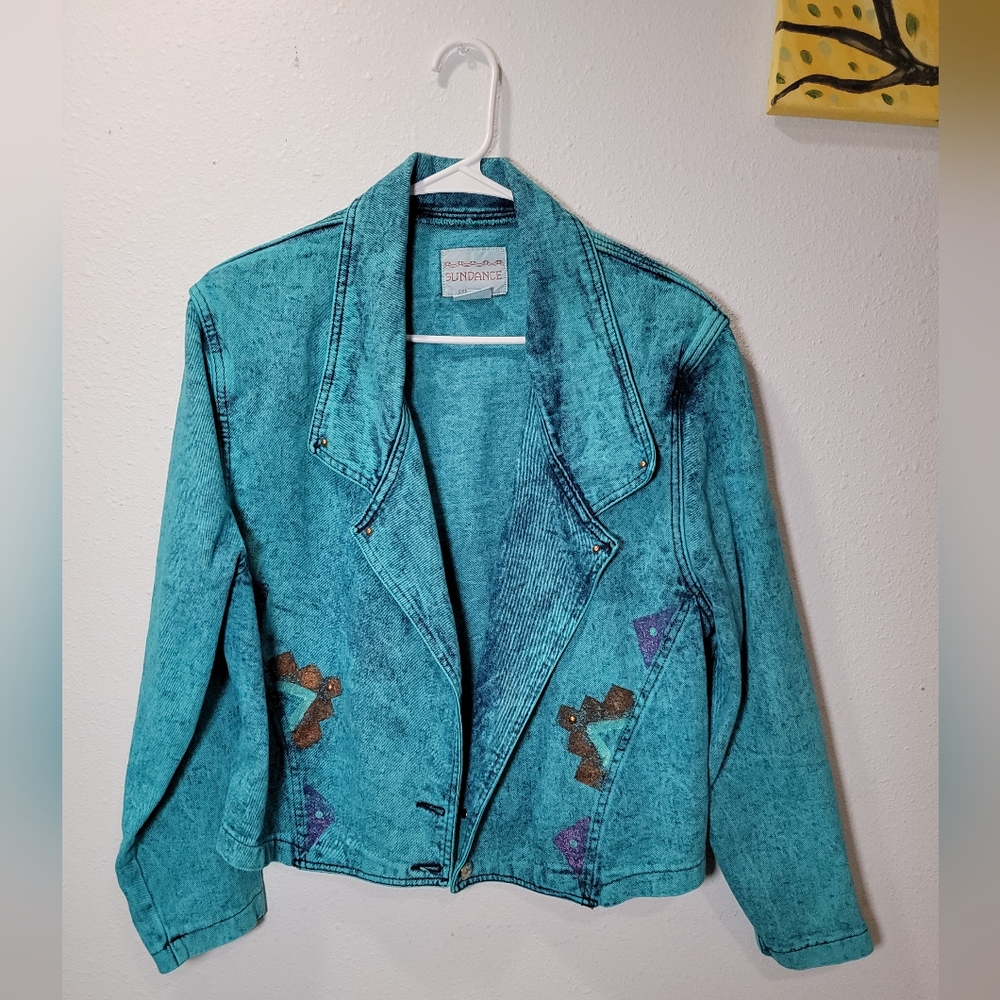 VTG Sundance Jacket Sz L Turquoise Blue Acid Wash Denim Rare Painted 80s 90s USA
